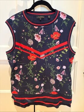Ted Baker Navy Floral Sleeveless Knit Top with Red Chevron Trim